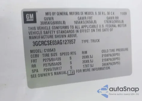 2010 Chevrolet Silverado 1500 Lt z USA, uszkodzony, nr VIN 3GCRCSE03AG127857